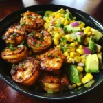 Grilled shrimp bowl with avocado corn salsa