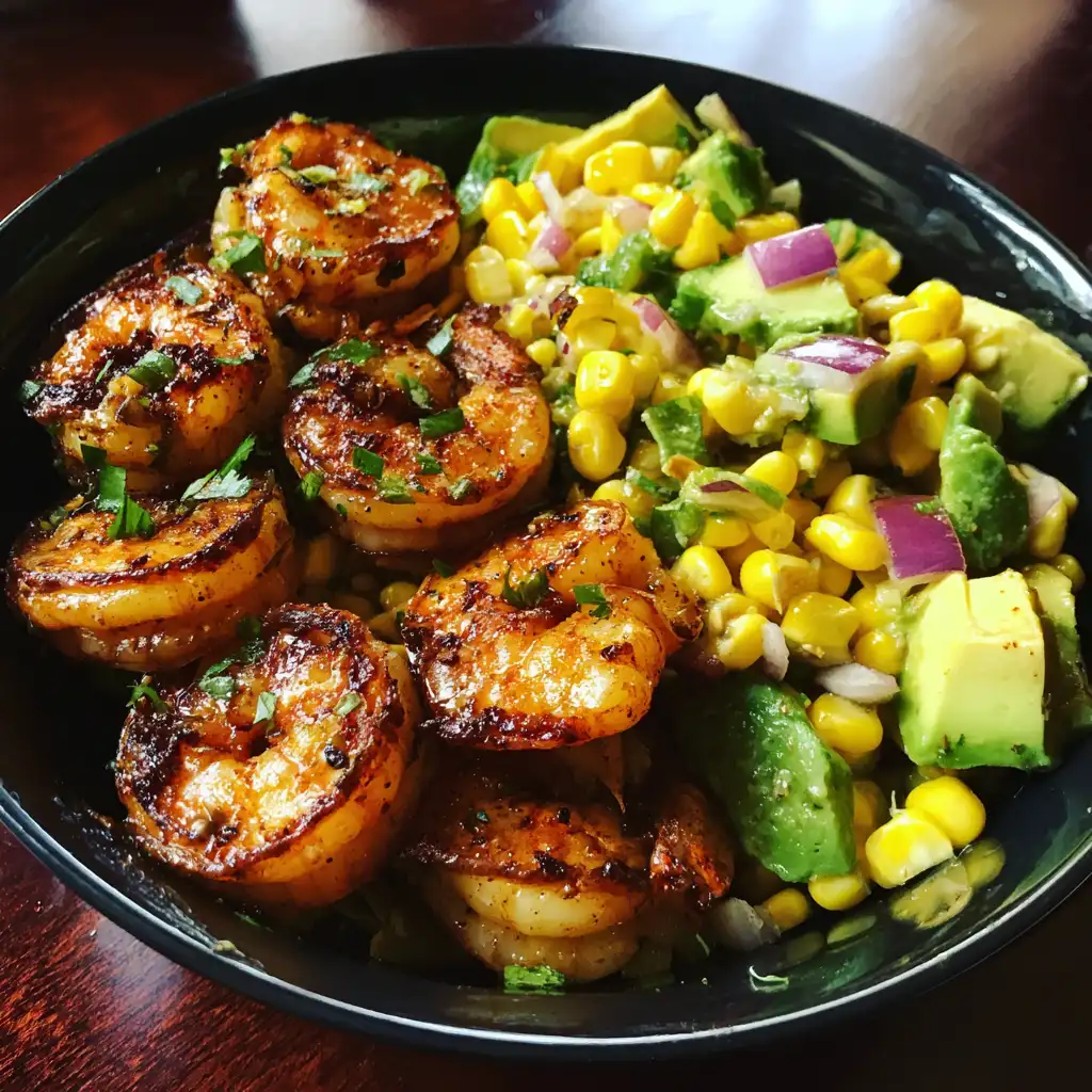 Grilled shrimp bowl with avocado corn salsa