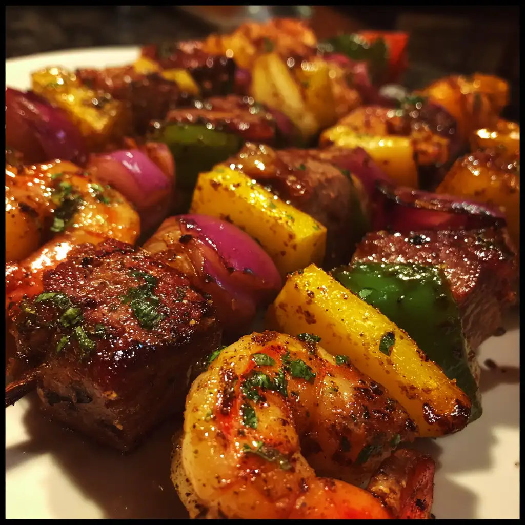 Grilled steak and shrimp kabobs