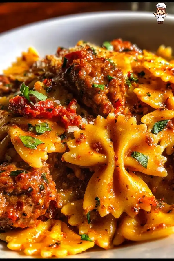 Italian sausage with bow tie pasta is a must-try dish!