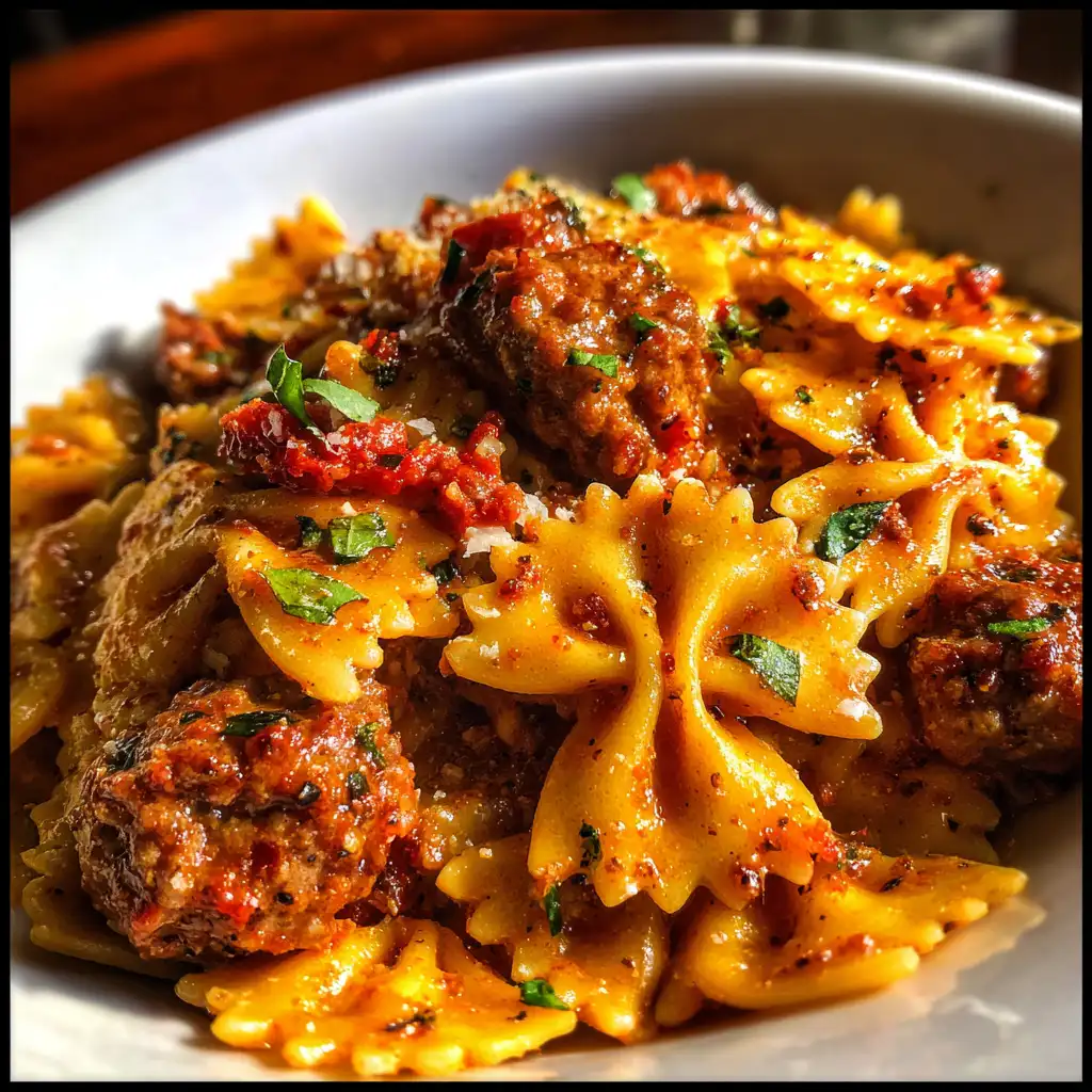 Italian sausage with bow tie pasta is a must-try dish!