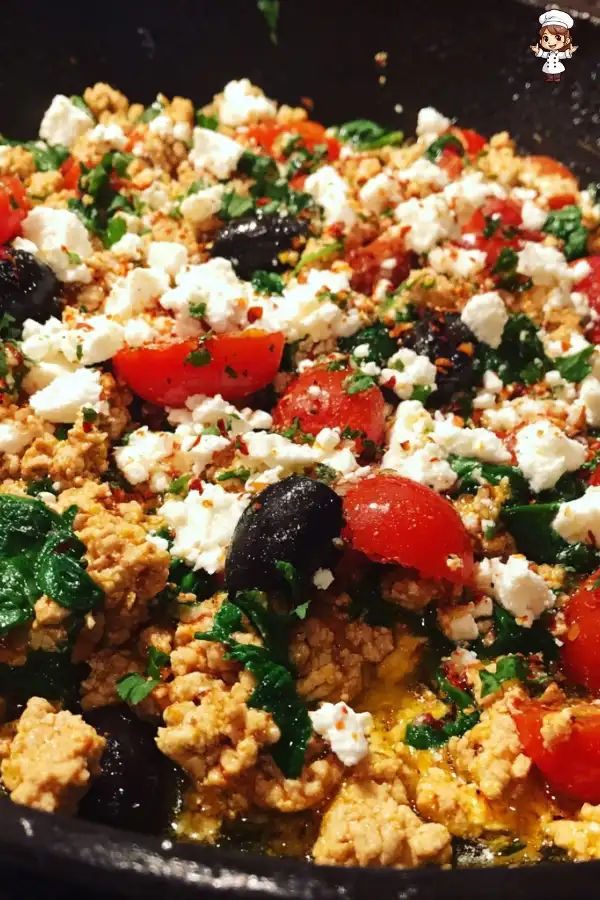 Mediterranean keto ground chicken skillet with olives and feta
