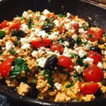 Mediterranean keto ground chicken skillet with olives and feta