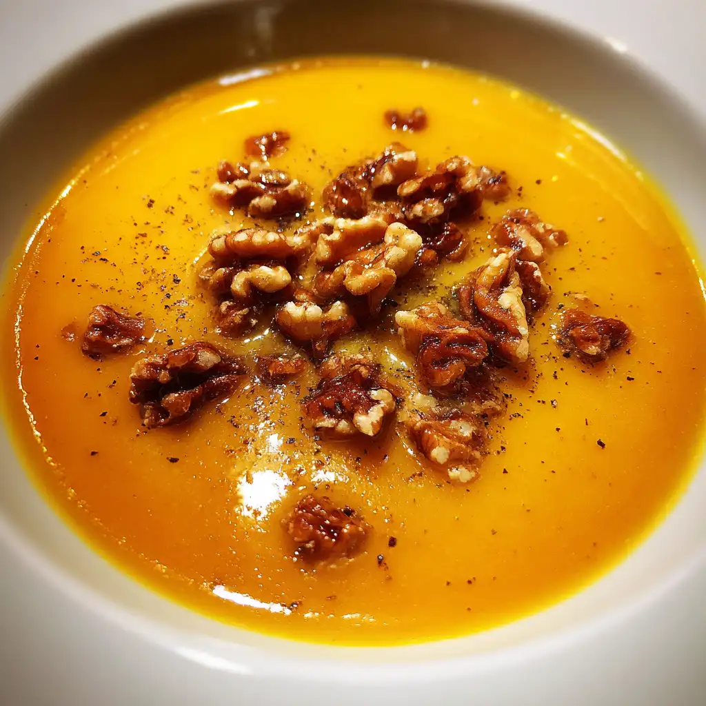 Pumpkin soup with walnut crispies recipe