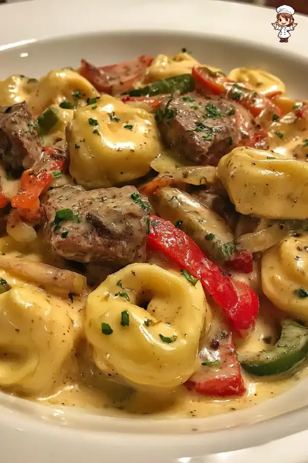 Savory cheesesteak tortellini in creamy provolone sauce