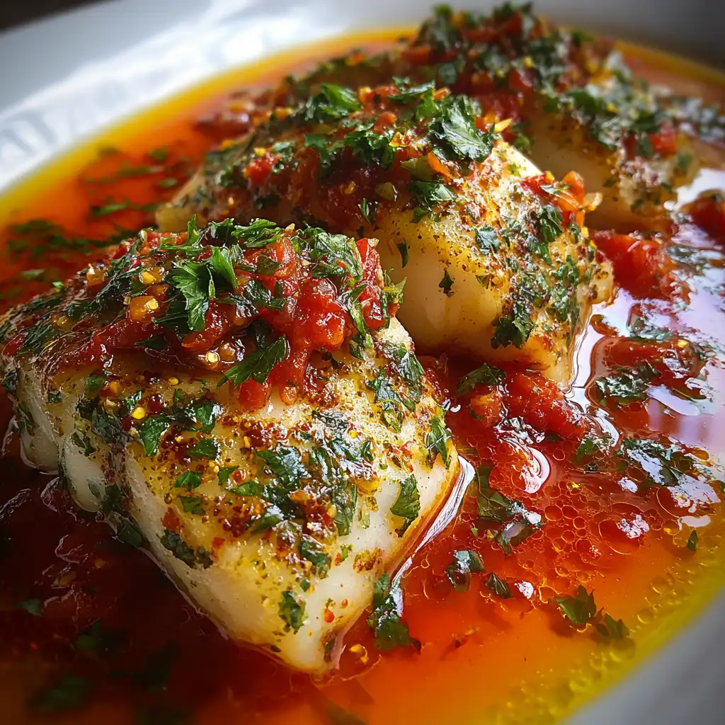 Tomato poached fish with chili oil