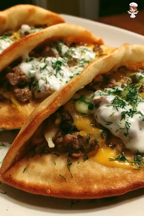 cheesy beef and mushroom pita pockets with tzatziki